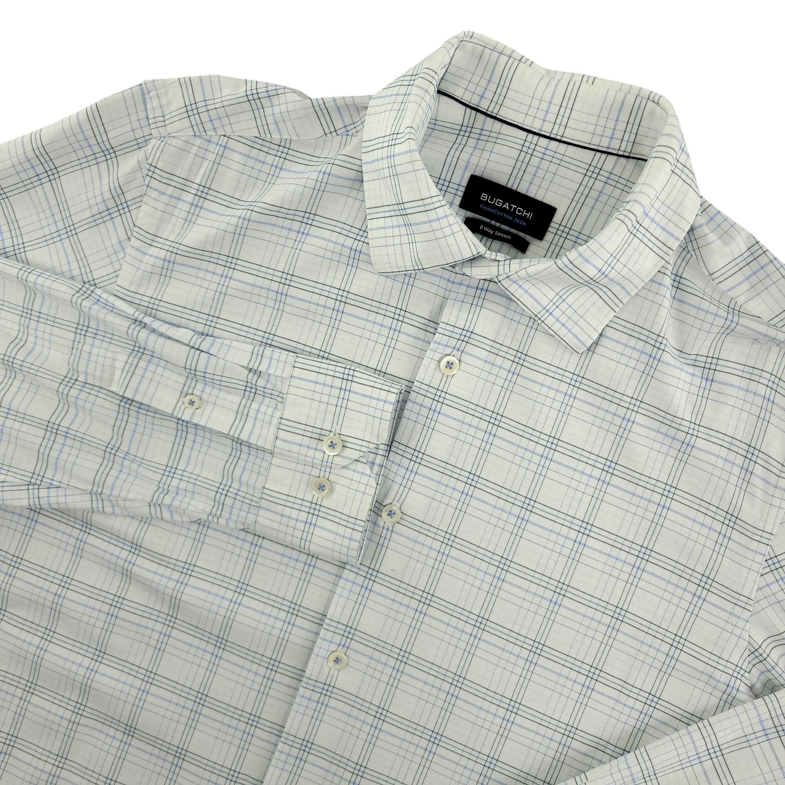 Bugatchi Dress Shirt Mens Large White Check Regular Fit Ooohcotton Tech Stretch